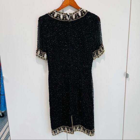 Vintage 80s Silk Beaded Sheath Dress, Formal, Black Tie Cocktail Kazar Blk/Gld - Picture 14 of 16